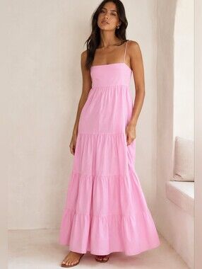 ZARA Pink Cotton Tiered Spaghetti Strap Maxi Sundress Size S